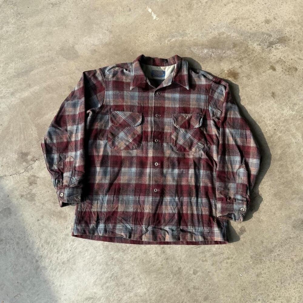 Vintage 50s 60s Pendleton Loop Collar Board Shirt Longsleeve Button Down Plaid